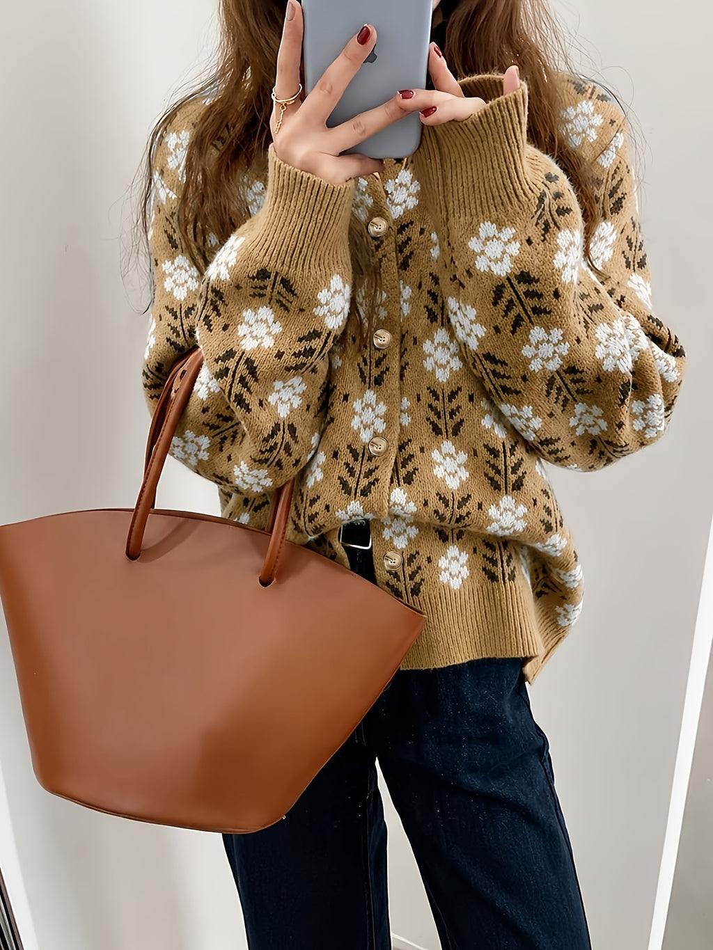 Cream-based Orange and Blue Floral Cardigan, Women's Round Neck Vintage Pastoral Style Loose Layering Top Coat - ginger-colored
