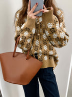 Cream-based Orange and Blue Floral Cardigan, Women's Round Neck Vintage Pastoral Style Loose Layering Top Coat - ginger-colored