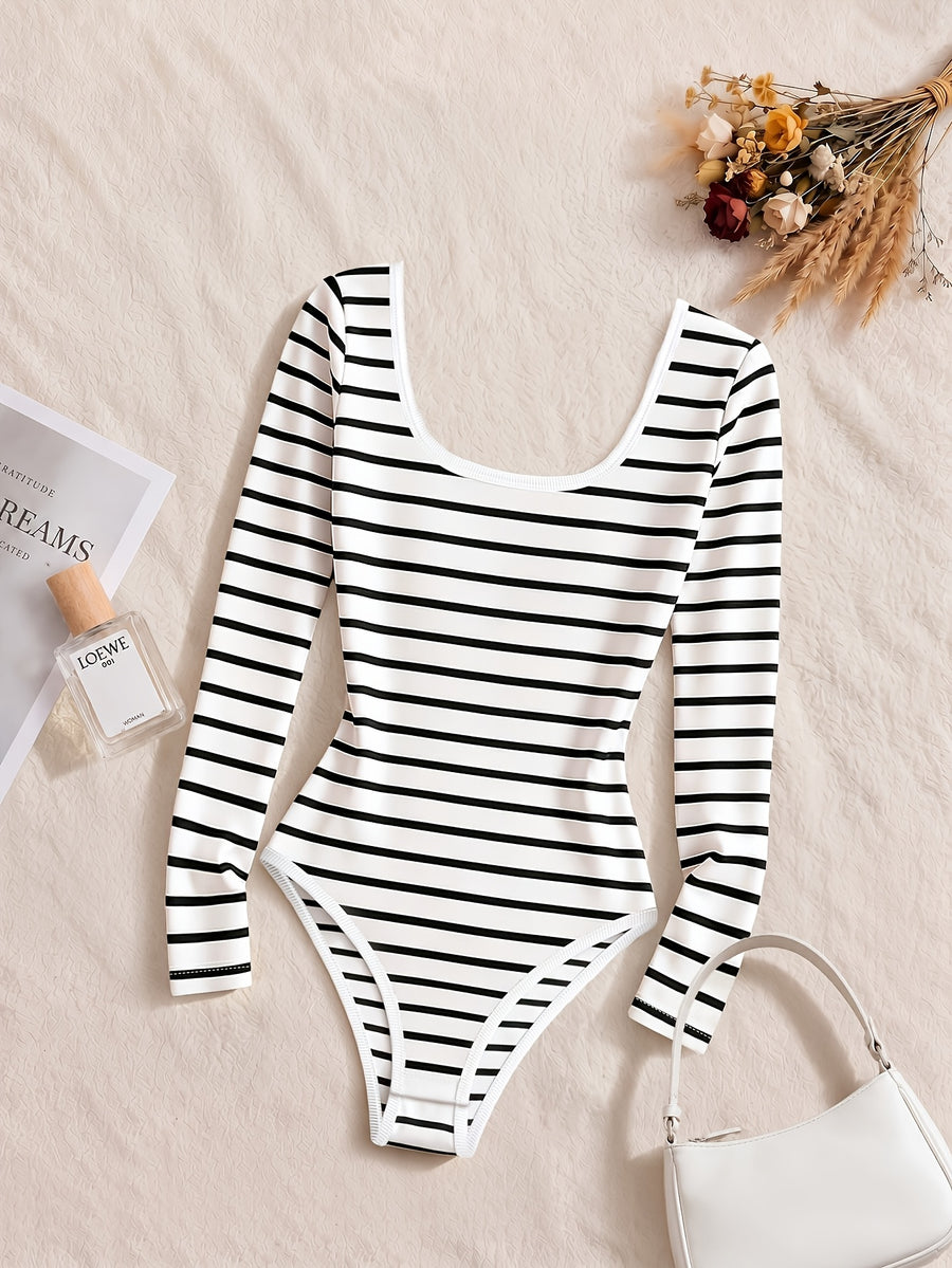 2pcs Set Classic Basic Square Neck Long Sleeve Bodysuit Women'S Slim Fit One-Piece Base Layer Easy Striped Solid Double Style Close-Fitting Non-Tight Commute Inner Wear All-Match Shaping Long Sleeve Top (Necklace Not Included) - Black+Stripe