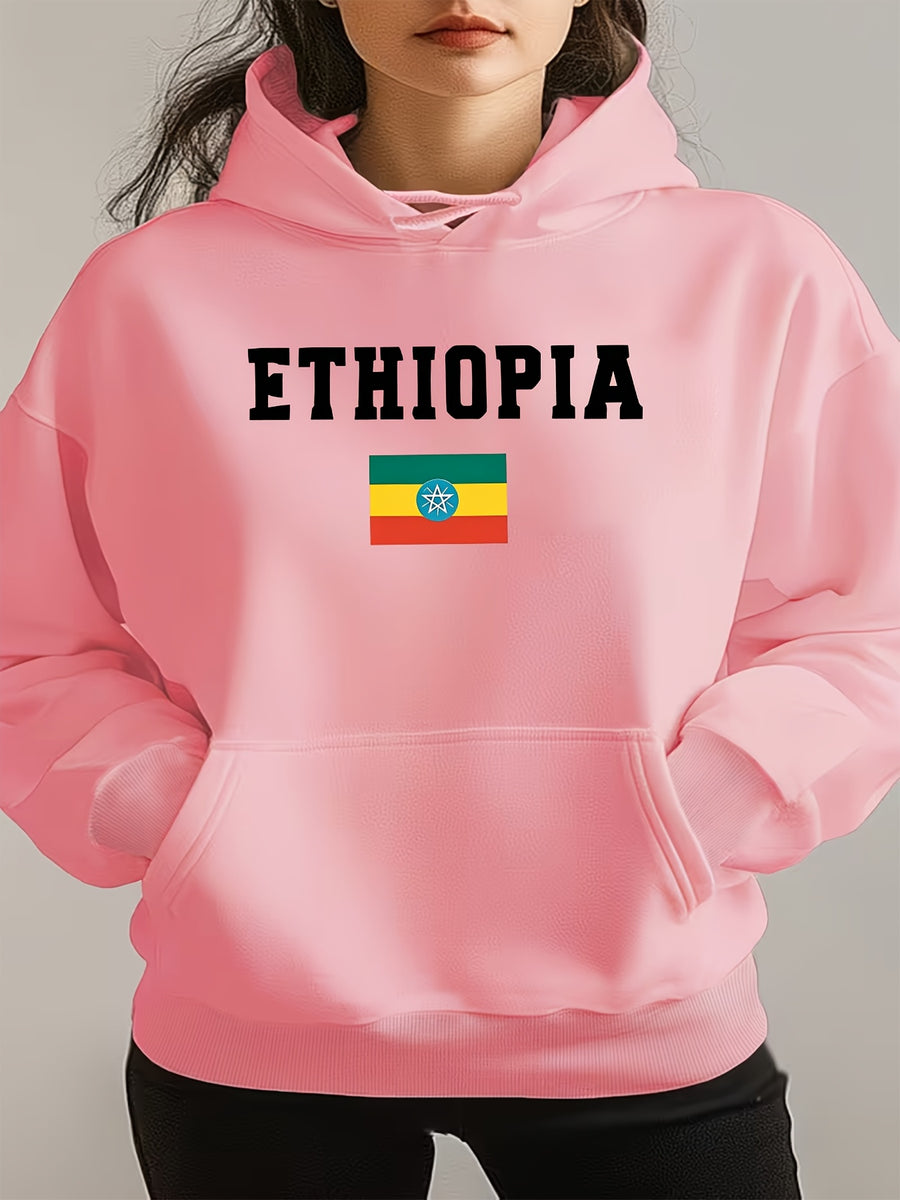 ETHIOPIA Lettering And Ethiopian Flag Pattern Autumn Winter Fashion Fleece Hooded Sweatshirt Women'S Printed Casual Elegant Women'S Clothing Cute Top - Pink Color