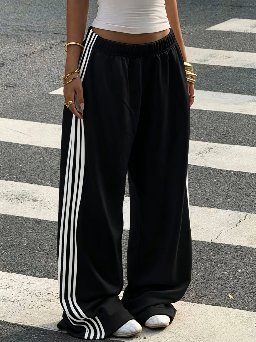 Women'S Contrast Color Casual Loose Joggers, Suitable for Back-To- And Daily Autumn/Winter Wear - Black/white