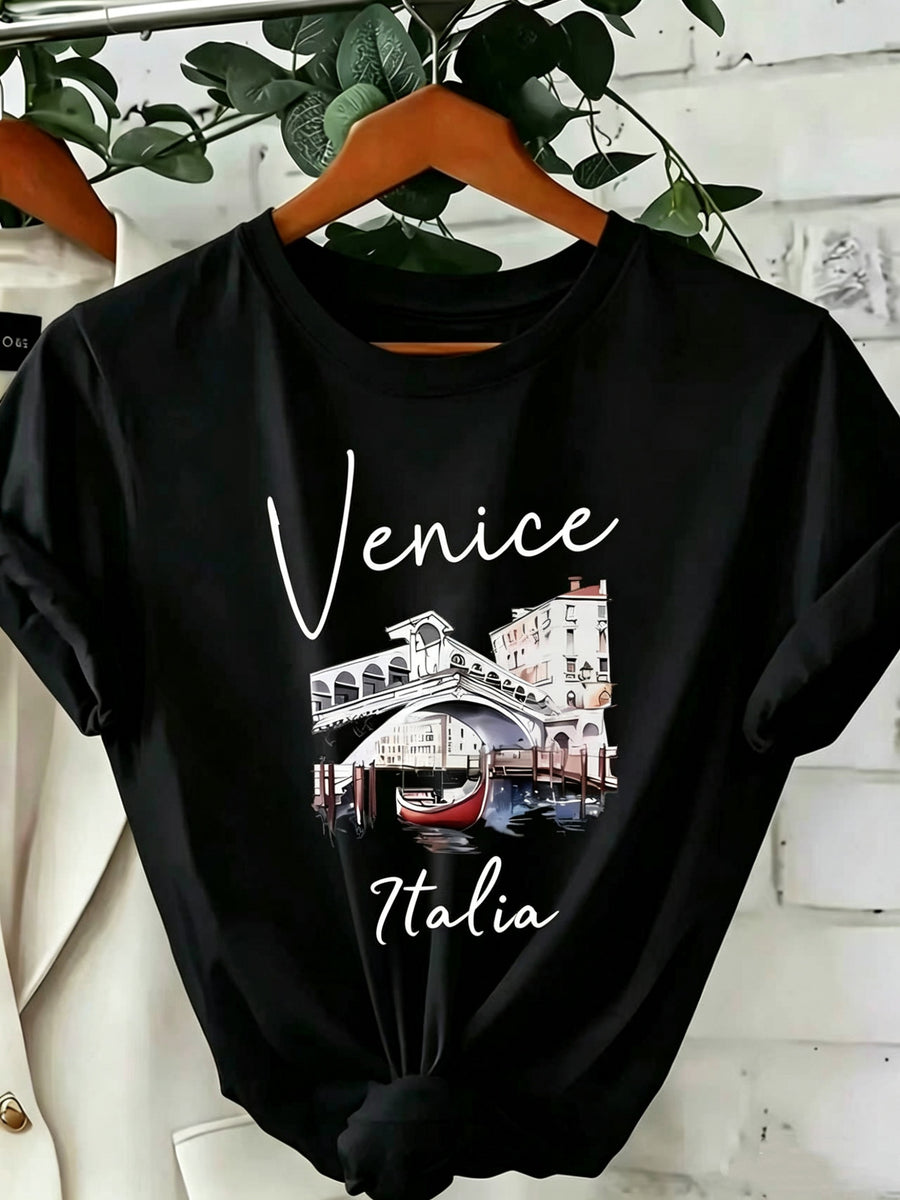 Summer Western Architectural Print Round Neck Regular T-Shirt, Casual Regular Printed Top - Black