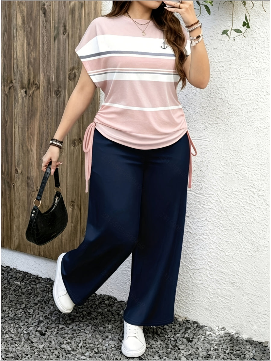 Ladies Two-Piece Set - Casual Minimalist Vacation Style Two-Piece Set - Red And Blue Stripe Design, Suitable for Summer And Autumn Transition Wear, Bow Side Drawstring - Mixed Color 8