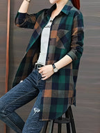 Spring and Autumn Fashion Long Plaid Shirt - Mixed colors