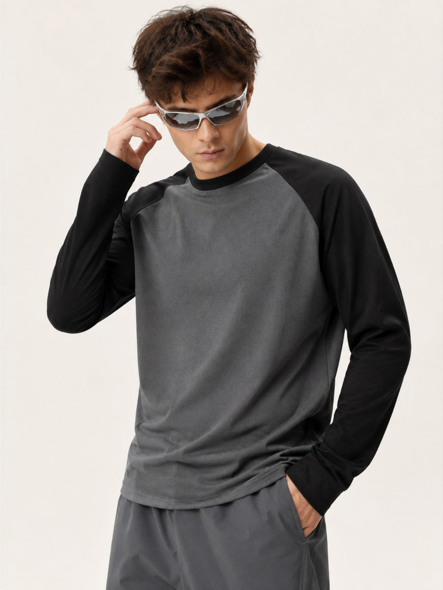 Men'S Long Sleeve Round Neck T-Shirt, a Versatile Color-Block Pullover Top, Men'S Work And T-Shirt, Men'S Top, Casual Work Scene Wear, Applicable for Work Scenes - Black sleeves + dark gray shirt