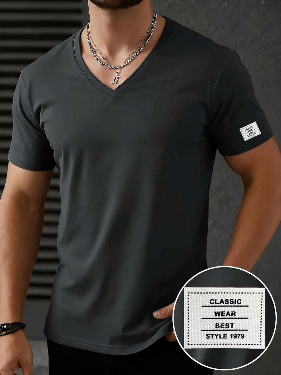 Men'S Patchwork V-Neck Short Sleeve T-Shirt, Suitable for Summer Outdoor Casual Wear, Casual Versatile Knit Top - Dark Gray