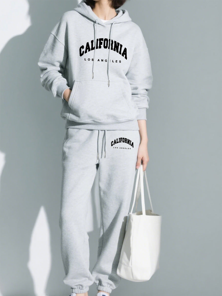Women'S Slogan Print Drop-Shoulder Casual Hooded Pullover Sweatshirt with Casual Drawstring Sweatpants, Halloween Costume, Christmas Costume, Party Outfit, Parent- Outfit, Back-To- Autumn And Winter Two-Piece Set - Light Grey