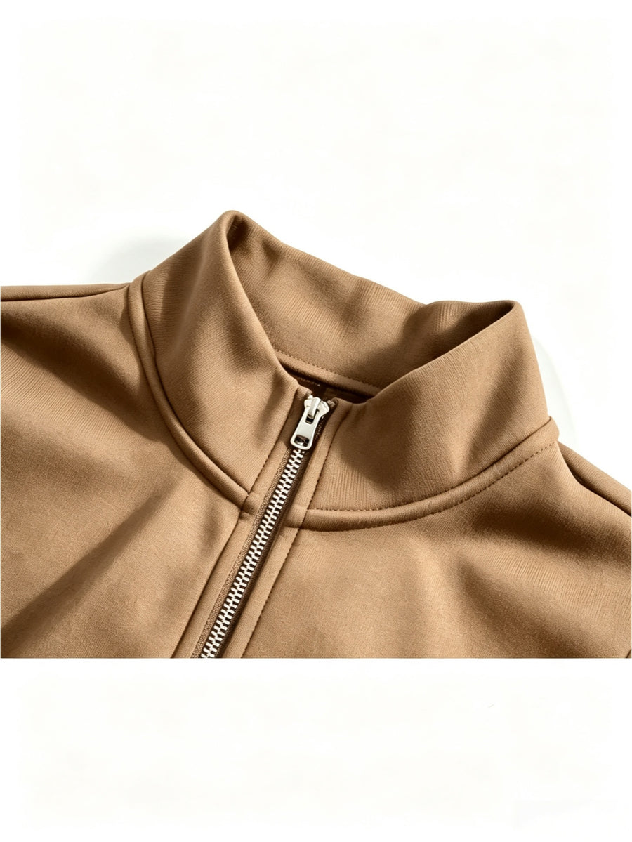 Men's Half-Zip Stand Collar Sweatshirt with Double Wing Pattern Chest Print, Striped Ribbed Cuffs, Loose Fit Athletic Casual Pullover - Khaki