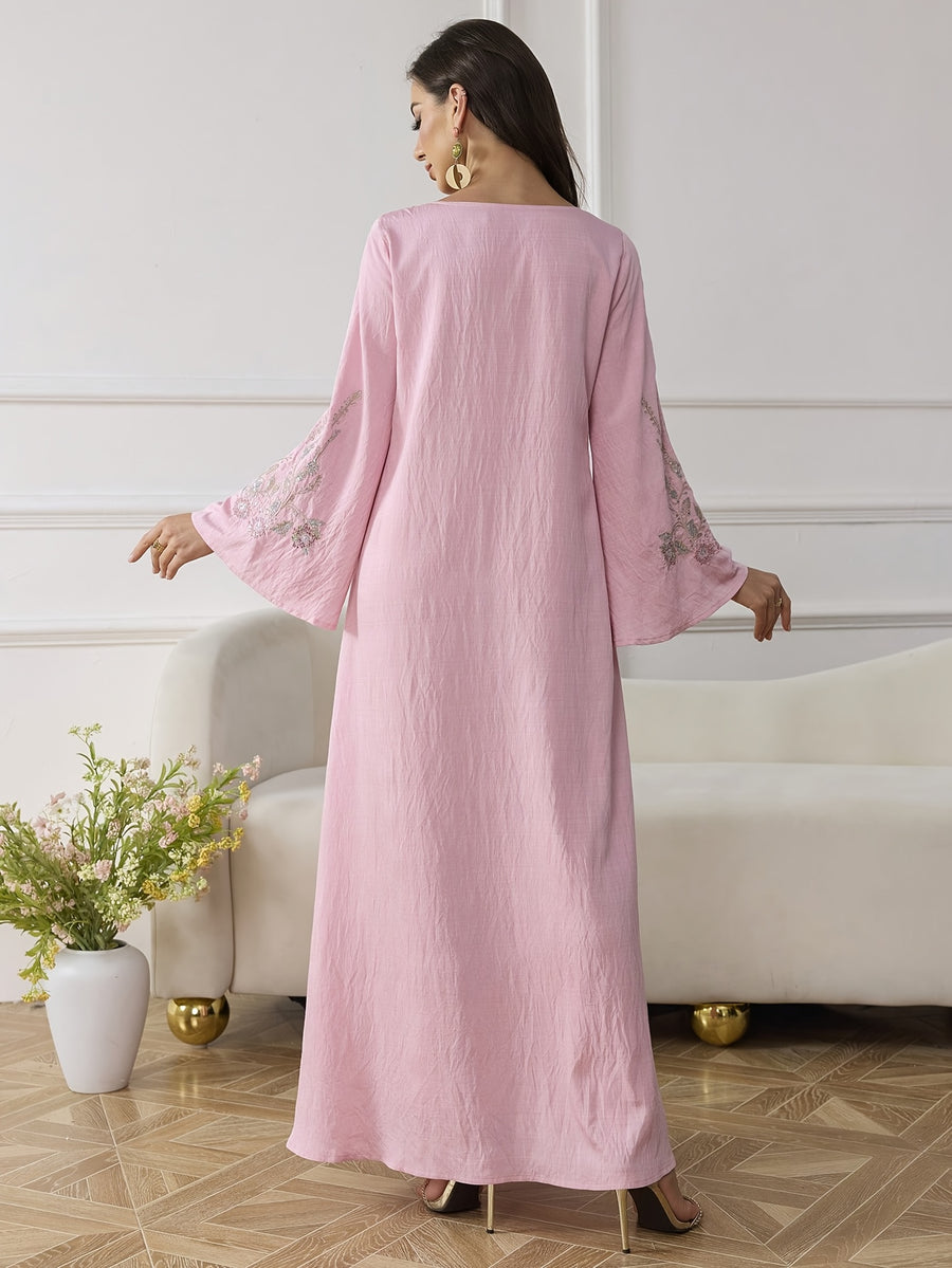Al Najma Women ElegantEmbroidered Dress, MinimalistFashion Casual Daily Wear, Modest Kaftan - Pink Color
