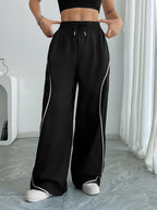 Wide-Legged Cargo Pants, Irregular Striped Arc Design on The Sides, Elastic Waistband with Drawstring, Urban Casual, Y2K Style, Easy And Fashionable - Black