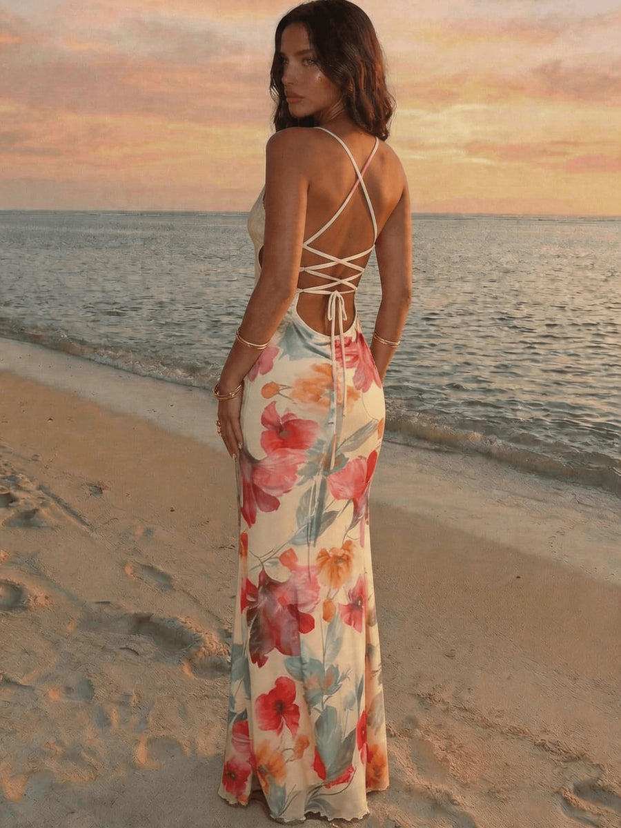 Women's Elegant Floral Print Backless Dress, Summer Outfit, Summer Clothing, Beach Set, Beach Vacation Set, Women's Bohemian Tropical Vacation, Women's Apparel, Tropical Vacation Women's Clothing, Wedding Anniversary, Bridesmaid Party Date - Multicolor