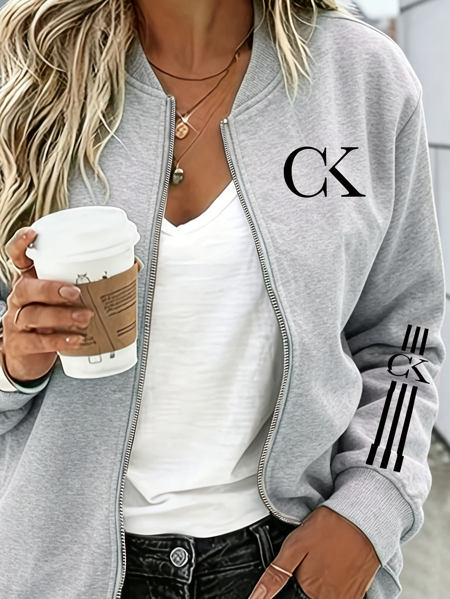 2026 Fashionable Individual Round Neck Design Women'S New Jacket Coat Carnival Letter Pattern Printed Top Casual Open Front Zippered Jacket, Circle - Grey