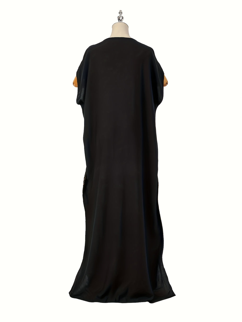 Women's Pattern Robe with Beige Tassel Set, Arabic Luxury Abaya, Headscarf, Elegant Round Neck Dress, Short Sleeve Style - Golden
