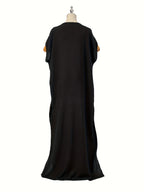 Women's Pattern Robe with Beige Tassel Set, Arabic Luxury Abaya, Headscarf, Elegant Round Neck Dress, Short Sleeve Style - Golden