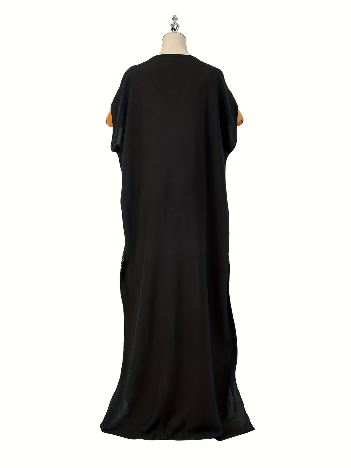 Women's Pattern Robe with Beige Tassel Set, Arabic Luxury Abaya, Headscarf, Elegant Round Neck Dress, Short Sleeve Style - Golden