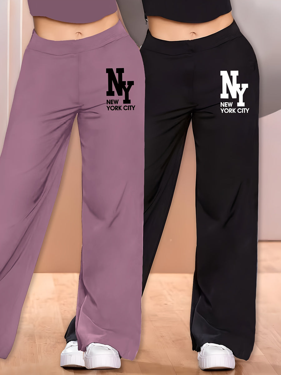 Elegant - 2pcs Women's Wide-Leg Casual Pants, Summer Lightweight Style, Letter Print - Peach+Black