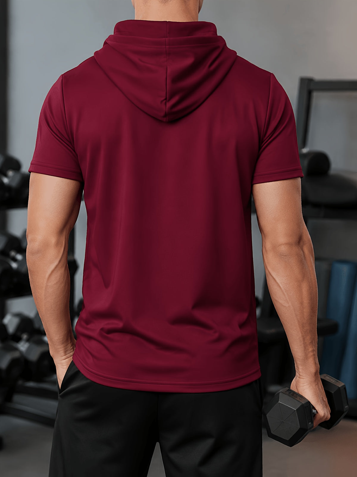 Men's Lightweight Breathable Short-Sleeve Hooded Sweatshirt - Solid Color Loose Fit Hoodie Suitable for Gym, Running, Outdoor Commuting | Machine Washable Pullover Hooded T-Shirt for Youth &, Basic Versatile Casual Wear - Burgundy