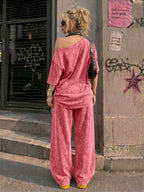 Retro American California Size 23 Number Print New Spring Summer Casual Jersey Sportswear, Street Sport Style Women'S Washed Off-Shoulder T-Shirt And Long Pants Two-Piece Set, Washed Suit, American Street College Style - Red