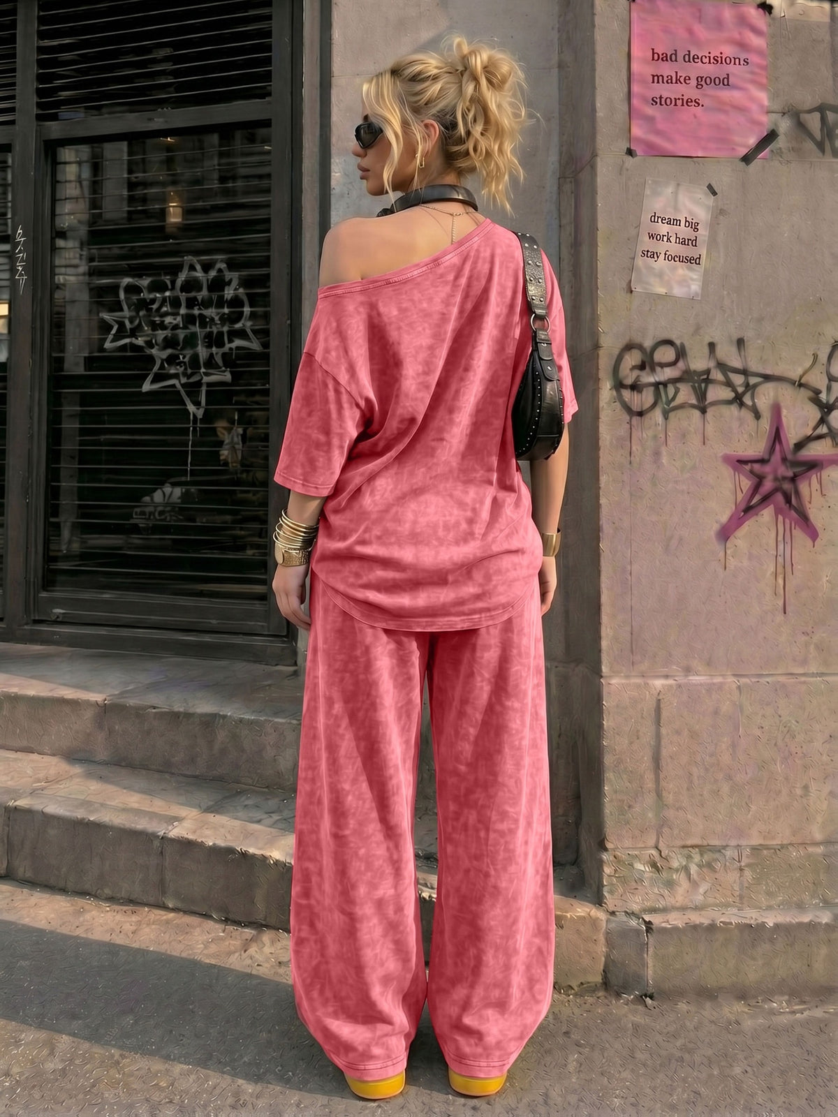 Retro American California Size 23 Number Print New Spring Summer Casual Jersey Sportswear, Street Sport Style Women'S Washed Off-Shoulder T-Shirt And Long Pants Two-Piece Set, Washed Suit, American Street College Style - Red
