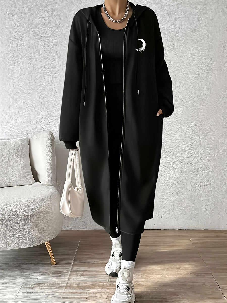 Women's Fashion Color-Block Zip-Up Jacket with Crescent Moon Pattern Print - Black