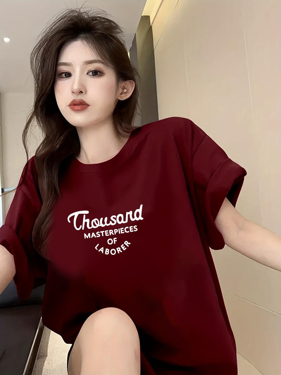 Women's Oversized T-Shirt - Loose Fit Short Sleeve Top with Letter '' Print, Round Neck Casual Summer Blouse for Spring Summer Fall, Breathable Casual Attire (Hand Washable) - Burgundy