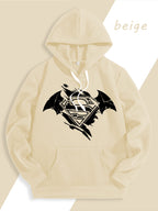 Warner Official Men's Hooded Sweatshirt, Black and White Distressed Batman Symbol Torn Wind Print Design, Machine Washable, Cozy and Comfortable Daily Drawstring Hooded Sweatshirt for Autumn and Winter, Versatile Sporty Casual Loose Fit - Apricot