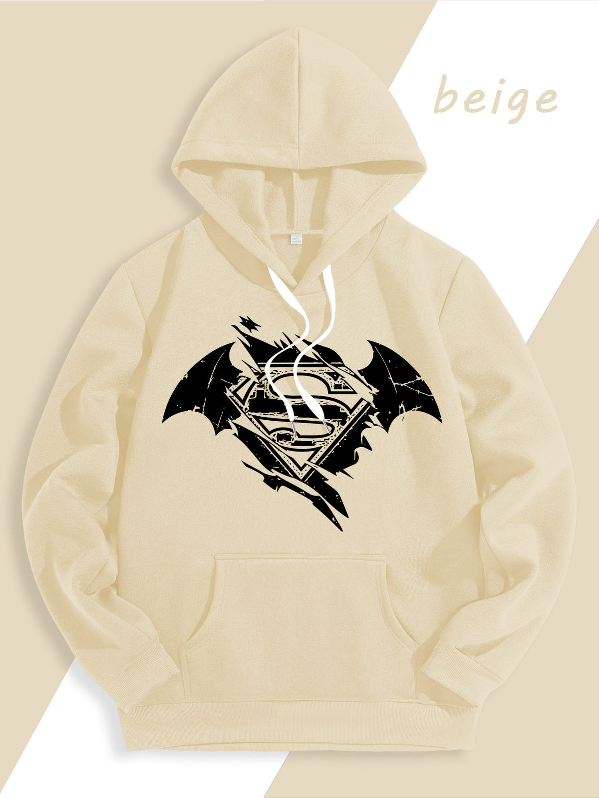 Warner Official Men's Hooded Sweatshirt, Black and White Distressed Batman Symbol Torn Wind Print Design, Machine Washable, Cozy and Comfortable Daily Drawstring Hooded Sweatshirt for Autumn and Winter, Versatile Sporty Casual Loose Fit - Apricot
