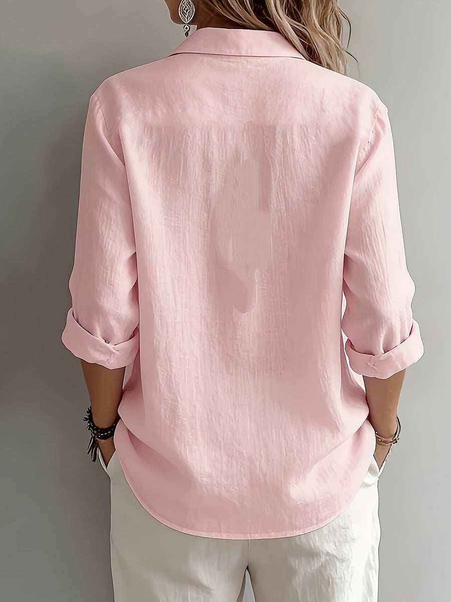 Women's Elegant Lapel Shirt, Loose Straight Fit with Long Sleeves, Lightweight, Comfortable, and Breathable Fabric, Versatile for Commuting and Casual Wear, Loose Straight Cut Flattering Design, Daily Comfortable and Relaxed Style - Pink