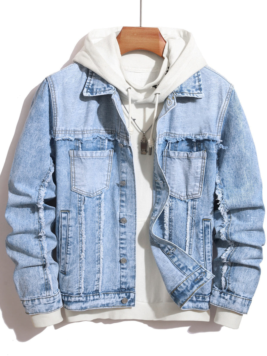 Men's New Style Washed Solid Color Fringe Denim Jacket, Men's Fashionable Trendy Denim Jacket Outerwear - Light Blue