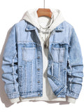 Men's New Style Washed Solid Color Fringe Denim Jacket, Men's Fashionable Trendy Denim Jacket Outerwear - Light Blue