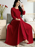 Polka Dot Printed Women'S Fashion Dress with Round Neck, Long Sleeves, Belted Waist Design, Elegant Long Dress Suitable for Spring And Autumn, Perfect for Festivals And Travel - Burgundy