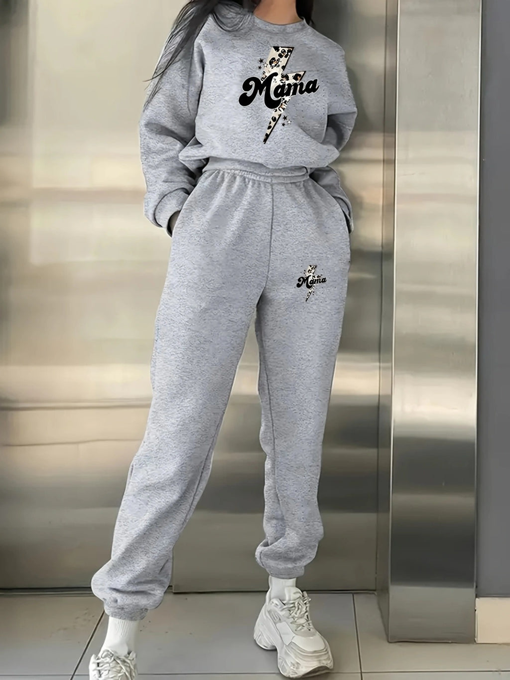 Chic Letter Print Two-Piece Set for Women - Comfy Polyester Crew Neck Sweatshirt & Joggers, Machine Washable - Light Grey