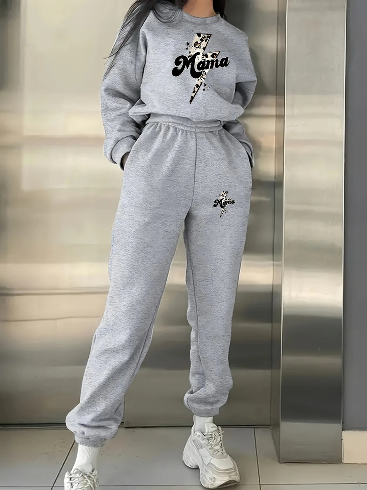 Chic Letter Print Two-Piece Set for Women - Comfy Polyester Crew Neck Sweatshirt & Joggers, Machine Washable - Light Grey