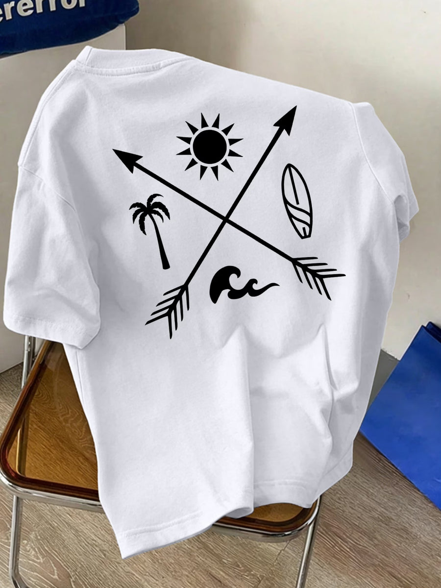 Men'S New Round Neck Short Sleeve T-Shirt Summer Sunshine Surfboard Print Suitable for Vacation Daily Casual Comfortable Soft Breathable Summer Essential - White