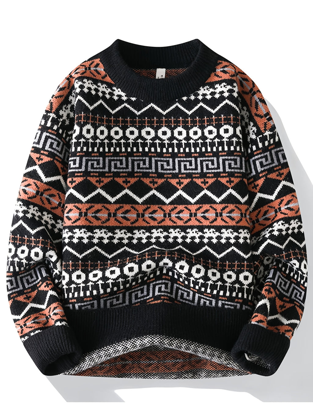 Autumn/Winter Men's Vintage Jacquard Knit Sweater with Ethnic Style Geometric Rhombus Pattern, Crew Neck Pullover, Casual and Trendy Regular Fit for Daily Outerwear or Base Layer - Black