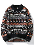 Autumn/Winter Men's Vintage Jacquard Knit Sweater with Ethnic Style Geometric Rhombus Pattern, Crew Neck Pullover, Casual and Trendy Regular Fit for Daily Outerwear or Base Layer - Black