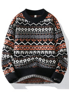 Autumn/Winter Men's Vintage Jacquard Knit Sweater with Ethnic Style Geometric Rhombus Pattern, Crew Neck Pullover, Casual and Trendy Regular Fit for Daily Outerwear or Base Layer - Black