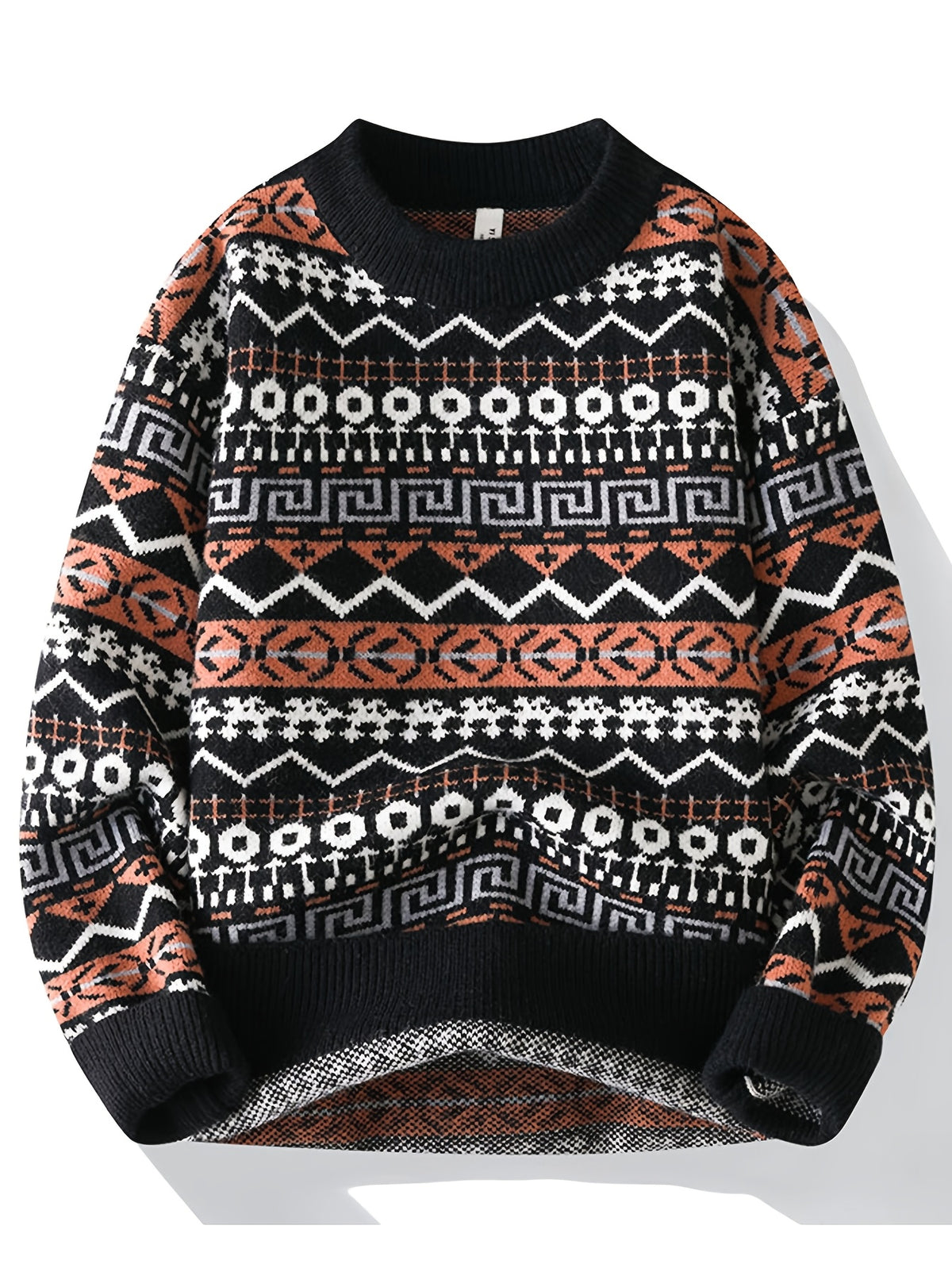 Autumn/Winter Men's Vintage Jacquard Knit Sweater with Ethnic Style Geometric Rhombus Pattern, Crew Neck Pullover, Casual and Trendy Regular Fit for Daily Outerwear or Base Layer - Black