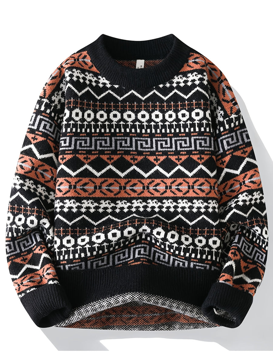 Autumn/Winter Men's Vintage Jacquard Knit Sweater with Ethnic Style Geometric Rhombus Pattern, Crew Neck Pullover, Casual and Trendy Regular Fit for Daily Outerwear or Base Layer - Black