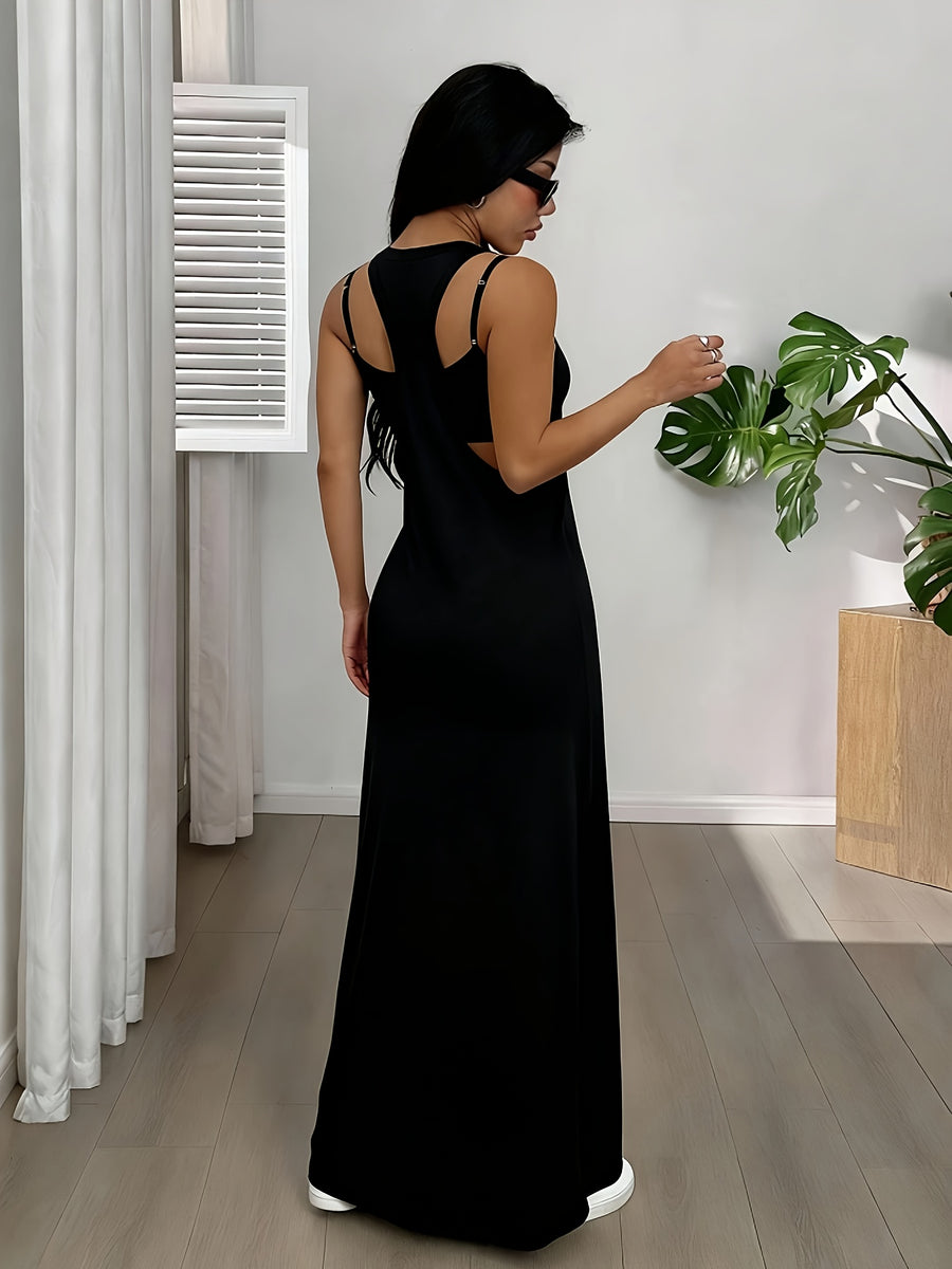 The Solid Color Asymmetrical Neckline Sleeveless Casual Dress Set Is Perfect for Summer Wear - Black