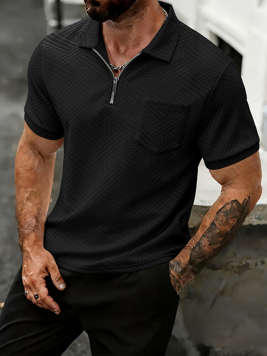 Men'S Twill Embossed Jacquard Half-Zip Polo Shirt, Lapel Short-Sleeve Casual Top with Single Chest Pocket, Lightweight & Breathable Men'S T-Shirt for Daily Summer Wear, Business Occasions And Golf - Black