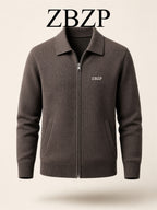 ZBZP Autumn/Winter Knitted Three-Dimensional Solid Color Lapel Sweater, Basic Knit Cardigan, Men's Fashion Knitwear Long-Sleeve Outerwear - Coffee Color