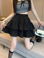 New Autumn and Winter Style Versatile Double-layered Cake Skirt for Women, High-waisted,, A-line Flared Short Skirt with Lotus Leaf Hem, Suitable for Petite Figures. - Black