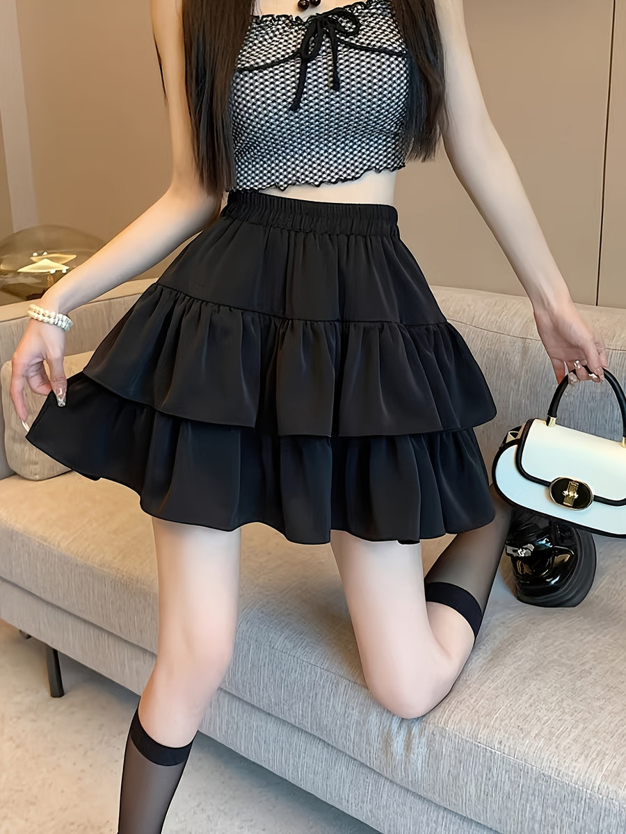 New Autumn and Winter Style Versatile Double-layered Cake Skirt for Women, High-waisted,, A-line Flared Short Skirt with Lotus Leaf Hem, Suitable for Petite Figures. - Black