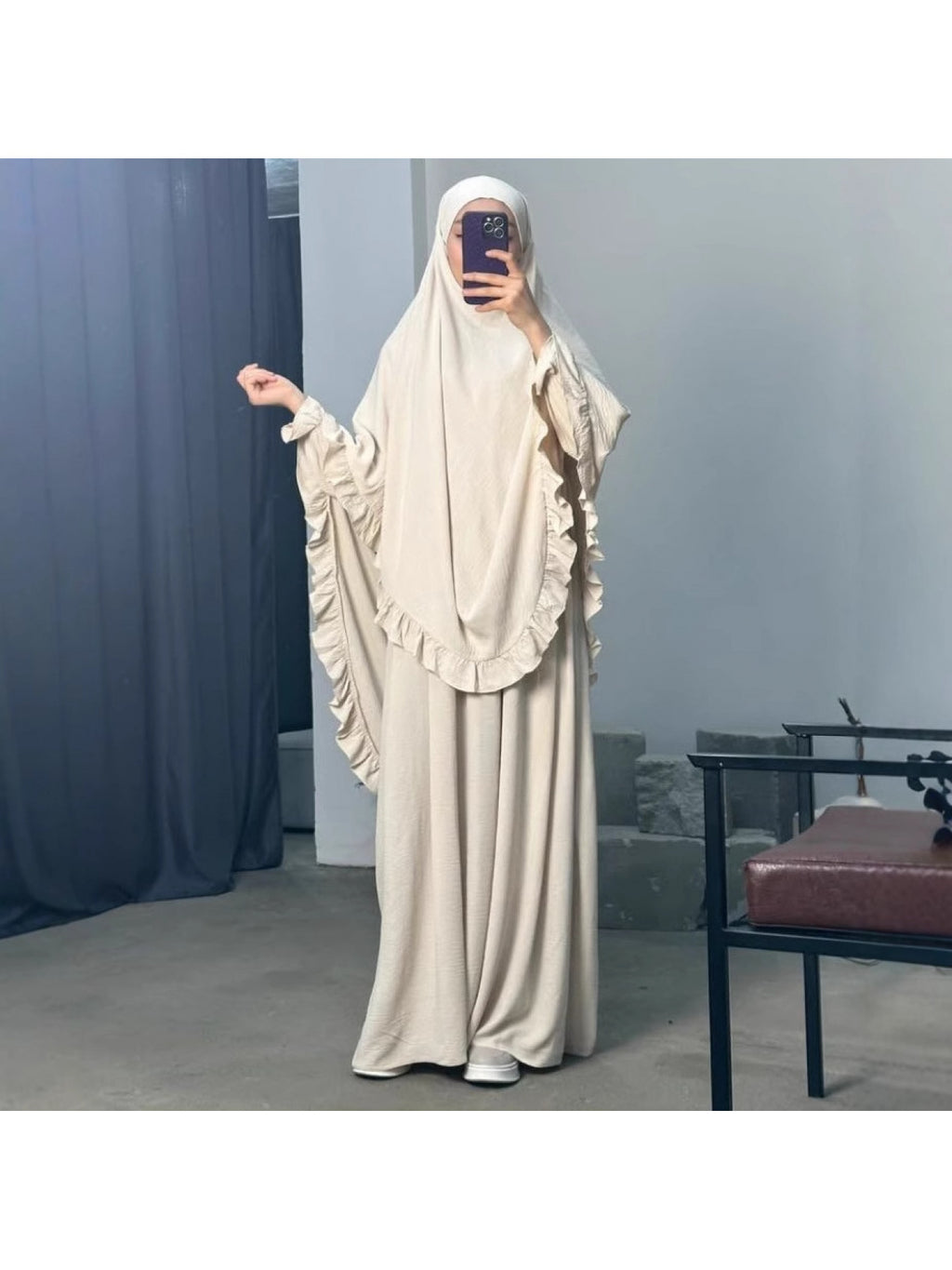 2pcs Set: Middle East Dubai 2pcs Set, Including 1 Solid Color Long Headscarf + 1 Long Robe, Women's Fashion Loose Robe Ramadan Prayer Outfit - Off-white