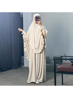 2pcs Set: Middle East Dubai 2pcs Set, Including 1 Solid Color Long Headscarf + 1 Long Robe, Women's Fashion Loose Robe Ramadan Prayer Outfit - Off-white
