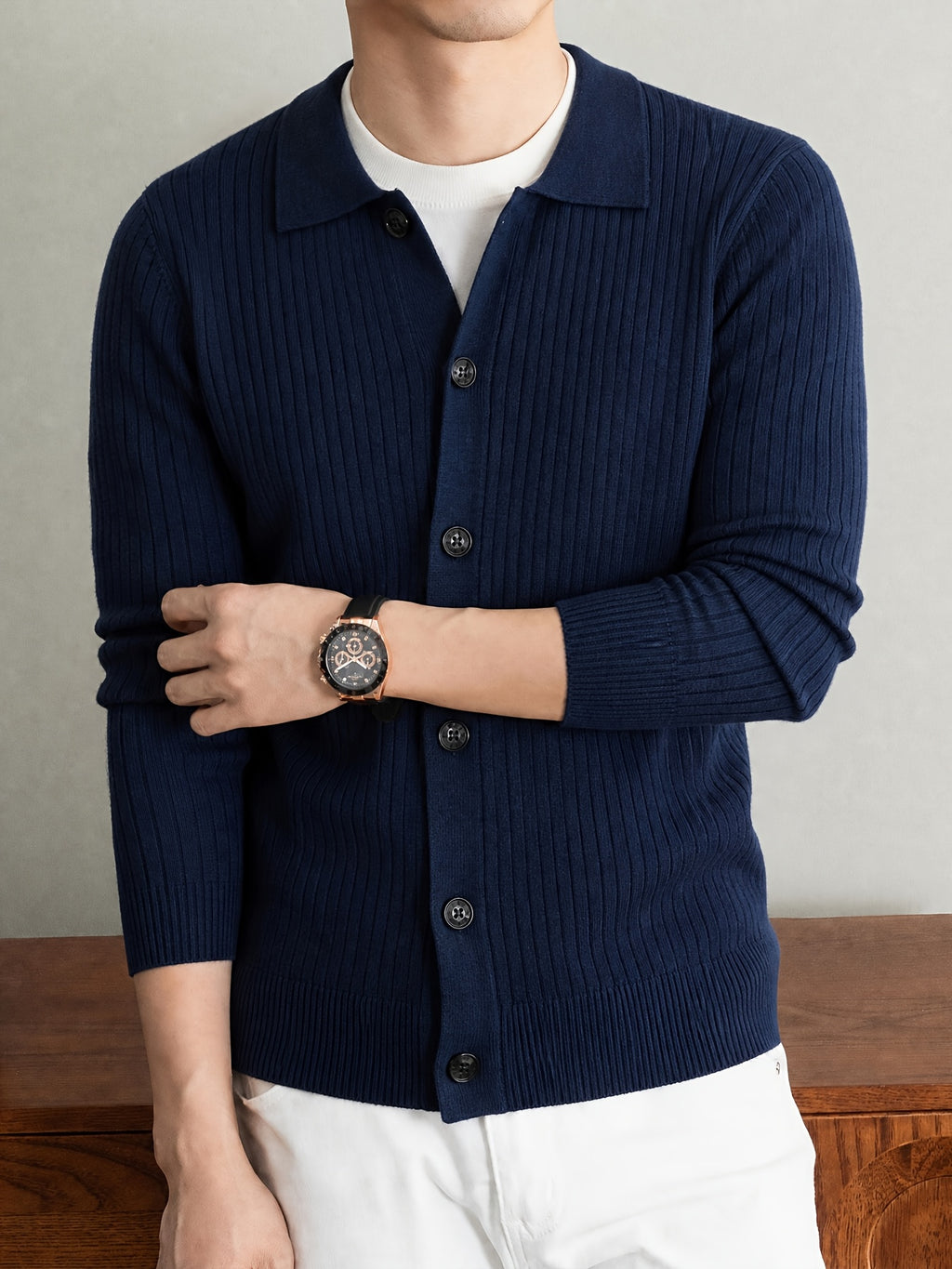 Men's Thick Knit Cardigan for Autumn & Winter, Classic Polo Collar, Solid & Striped Minimal Design, Old Money Style Warm Soft Sweater, Ideal Gift for Dad - Shangqing