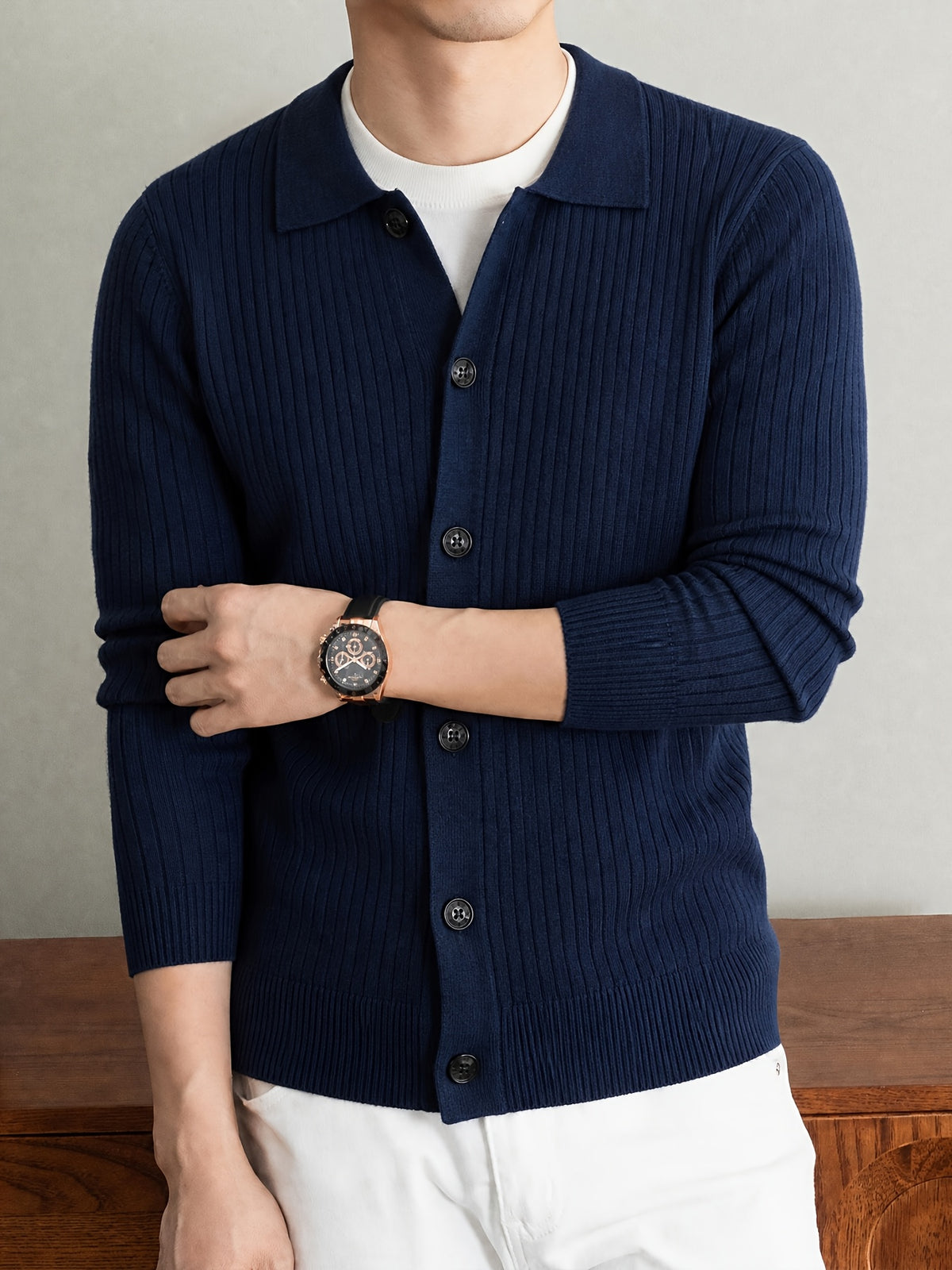 Men's Thick Knit Cardigan for Autumn & Winter, Classic Polo Collar, Solid & Striped Minimal Design, Old Money Style Warm Soft Sweater, Ideal Gift for Dad - Shangqing