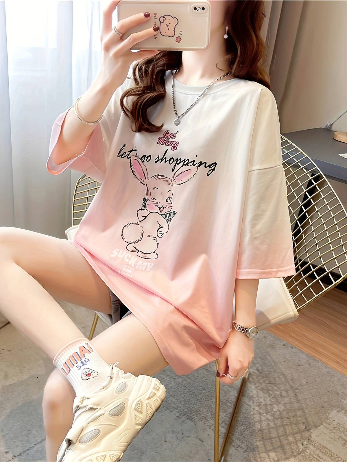 New Summer Collection of Plus-Size Loose-Fitting Stylish Cartoon Print Women'S Mid-Length Short-Sleeve T-Shirts - Pink