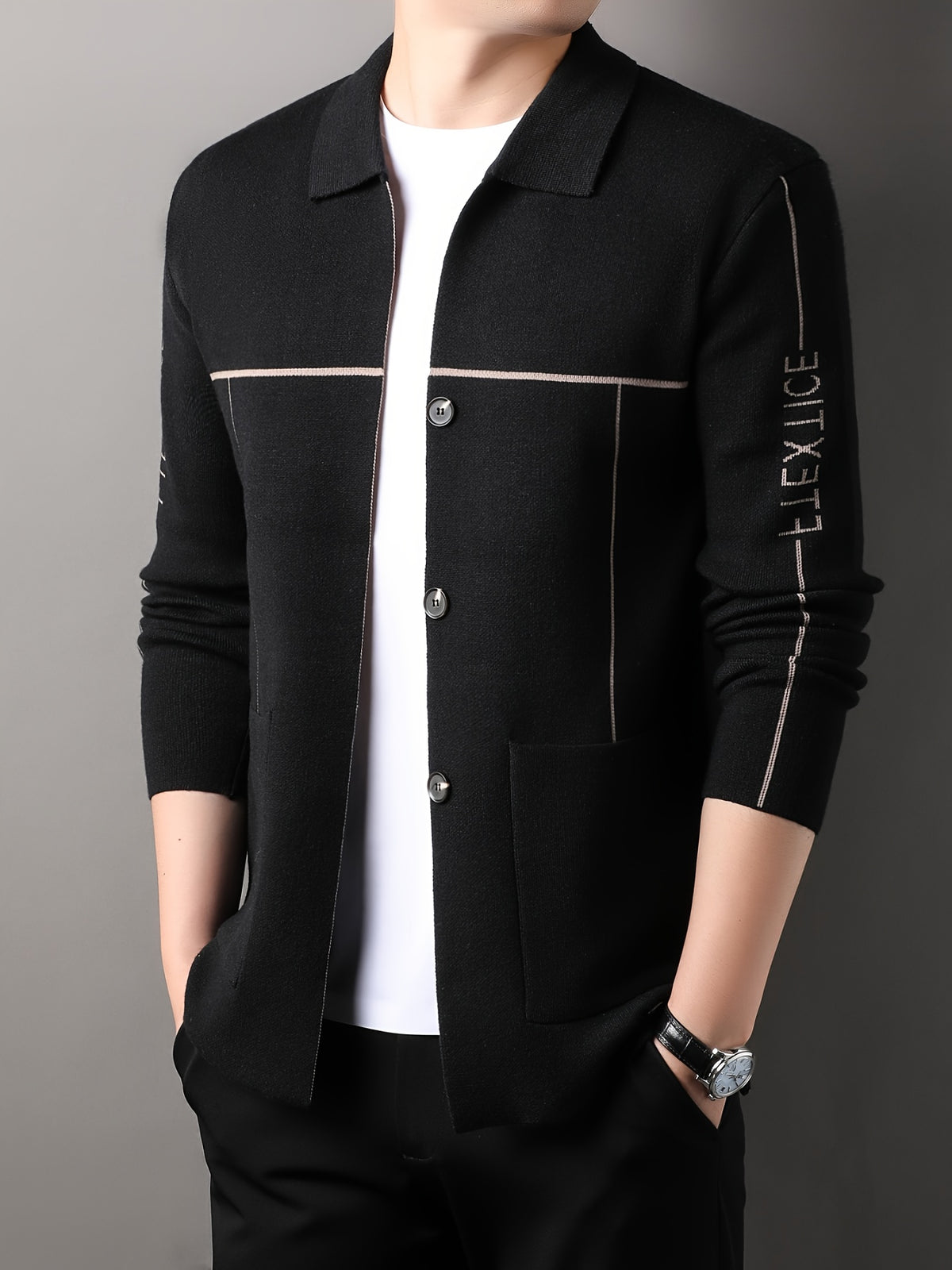 Xingfan Autumn/Winter Men's Line Embroidery Cardigan Long Sleeve Casual Lapel Knitted Outerwear - Black